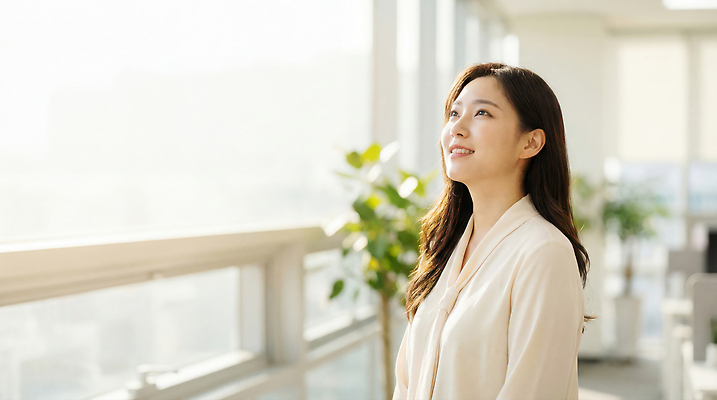 주간 여자 감정 컨셉 회사 비즈니스 창문 표정 사람 태양 직장인 CG 파일형식 AI포토 사무실 햇빛 미소 창가 식물 직장 작업 아침 분위기 행복 모션 편집이미지 편집실사 JPG 의료성형뷰티 비즈니스우먼 AI콘텐츠 AI인물포토