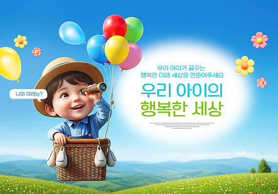PSD 편집이미지 꽃 행복 어린이 미래 표정 웃음 초원 세계 희망 꿈 탐험 즐거움 풍선 이미지편집 식물 감정 컨셉 사람 파일형식