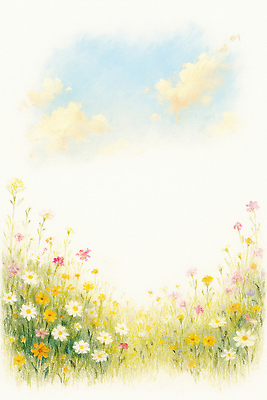 JPG 식물 계절 꽃 컬러 꽃밭 일러스트 자연 하늘 생명 풍경 초원 여름 햇빛 환경 봄 들꽃 시골 국내일러스트 AI일러스트 AI콘텐츠 태양 생태계 파일형식