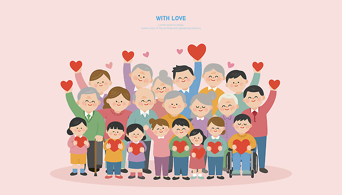 커플 행복 어린이 일러스트 가족 관계 모션 함께함 사랑 웃음 성인 친구 부모 기쁨 모임 하트 표현 시간 세대 조부모 국내일러스트 AI파일 모양 감정 컨셉 표정 사람 파일형식 벡터