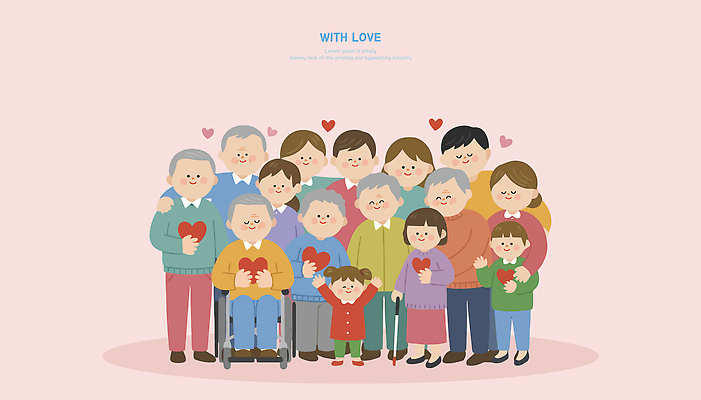 노년 행복 어린이 컬러 일러스트 가족 관계 함께함 따뜻함 사랑 웃음 친구 기쁨 모임 마음 그림 세대 소통 배려 국내일러스트 AI파일 감정 컨셉 표정 사람 성인 파일형식 벡터