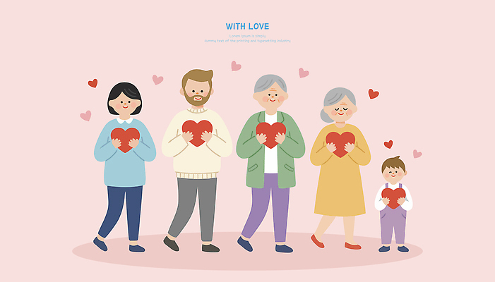 행복 감정 어린이 일러스트 가족 관계 사랑 웃음 여러명 부모 기쁨 다양 하트 마음 표현 연령 소통 순간 조부모 국내일러스트 AI파일 모양 다수 컨셉 표정 사람 파일형식 벡터