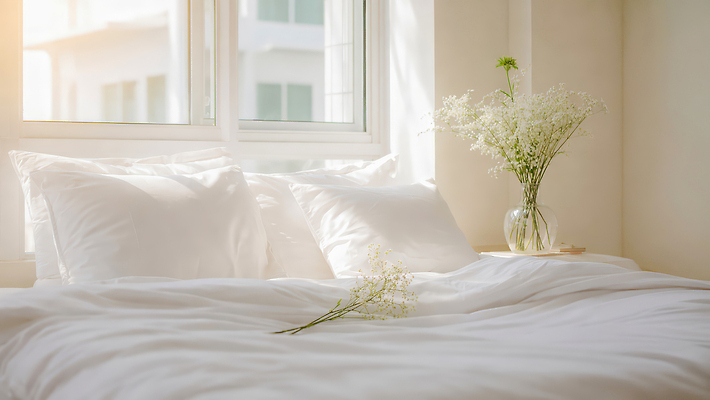 JPG 편집이미지 꽃 창문 베개 주택 내부 장식 햇빛 꽃병 공간 침실 방 흰색 침대 편안함 편집실사 AI포토 AI콘텐츠 식물 컬러 가구 침구 건물 태양 감각 CG 파일형식