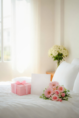 JPG 편집이미지 여자 분홍색 꽃다발 창문 집안 휴식 선물 장식 빛 인테리어 침실 방 흰색 침대 편집실사 AI포토 AI콘텐츠 디자인 꽃 컬러 가구 컨셉 실내 사람 CG 파일형식