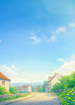 JPG 나무 건축물 꽃 도로 일러스트 자연 하늘 산 거리 주택 사람 풍경 일상 여름 파란색 햇빛 마을 시골 경관 국내일러스트 AI일러스트 AI콘텐츠 식물 계절 건축 길 컬러 교통시설 건물 라이프 태양 생태계 파일형식