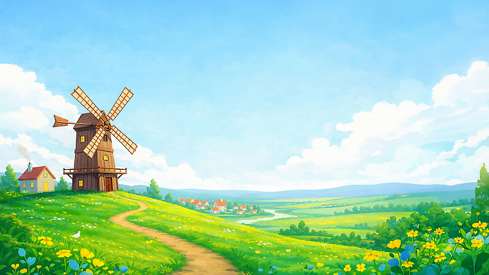 JPG 식물 꽃 길 여행 일러스트 자연 하늘 주택 풍경 초원 초록색 강 농장 마을 일출 일몰 시골 바람개비 평야 국내일러스트 AI일러스트 AI콘텐츠 컬러 농업 건물 노을 생태계 파일형식