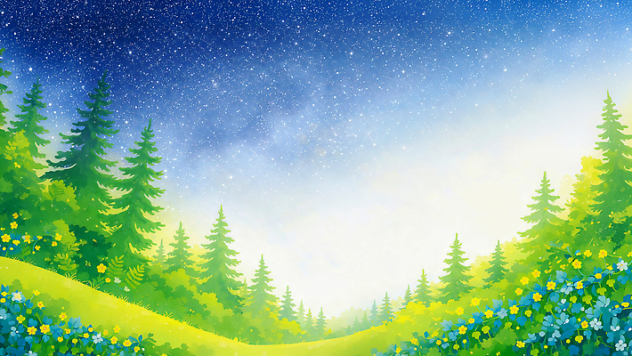 자연요소 식물 계절 공공시설 꽃 별 컬러 날씨 빛 야외활동 생태계 파일형식 숲 나무 하늘 풍경 초록색 파란색 자연 별빛 꽃밭 공원 바람 고요 지평선 별자리 여름 소풍 국내일러스트 일러스트 JPG