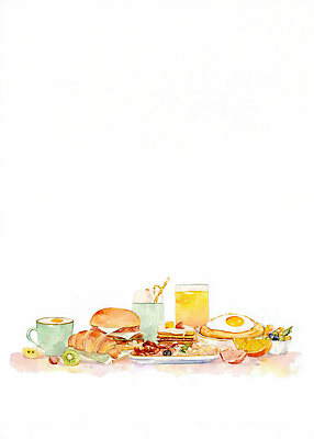 주간 자연요소 음료 음식 빵 가구 컨셉 탁자 육류 돼지고기 알 식사 과일주스 파일형식 아침 계란 과일 식탁 물 햄 베이컨 크루아상 오렌지주스 커피 맛 아침식사 신선 국내일러스트 일러스트 JPG 브런치