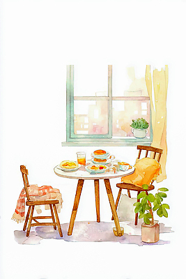 JPG 식물 음료 음식 빵 의자 과일 일러스트 창문 가정 탁자 아침 날씨 휴식 주택 인테리어 햇빛 과자 주방 식사 시간 아침식사 브런치 식사준비 국내일러스트 AI일러스트 AI콘텐츠 주간 디자인 가구 컨셉 디저트 건물 태양 준비 파일형식