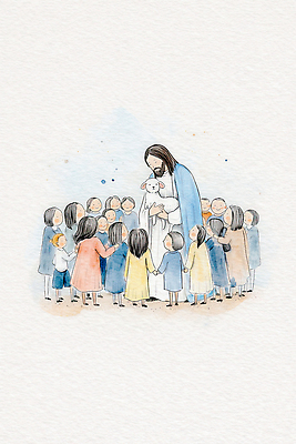 JPG 교육 종교 어린이 상징 일러스트 따뜻함 이야기 사랑 학습 손잡기 기쁨 모임 양 예수 그림 화합 소통 공동체 교훈 동심 국내일러스트 AI일러스트 AI콘텐츠 감정 컨셉 포유류 모션 사람 신_종교 파일형식