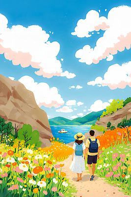 JPG 나무 커플 꽃 감정 길 바다 컬러 여행 데이트 일러스트 자연 하늘 산 풍경 해변 여름 친구 걷기 국내일러스트 AI일러스트 AI콘텐츠 식물 계절 관계 모션 생태계 파일형식