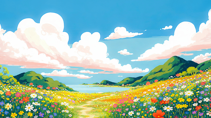 자연요소 식물 계절 꽃 바다 컬러 휴식 그림 생태계 파일형식 하늘 풍경 봄 산책 자연 길 꽃밭 풍경화 파란색 노란색 빨간색 산 해변 물 국내일러스트 일러스트 JPG