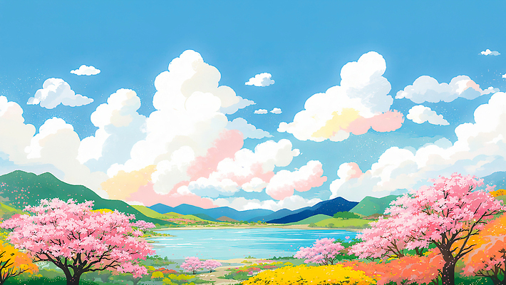 자연요소 식물 계절 꽃 컬러 생태계 파일형식 호수 벚꽃 나무 산 하늘 봄 풍경 자연 파란색 초록색 분홍색 물 날씨 시야 지역 여름 국내일러스트 일러스트 JPG