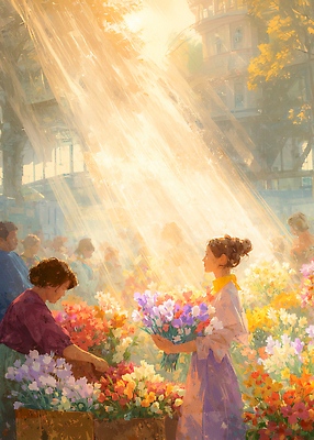 JPG 여자 꽃 컬러 꽃다발 일러스트 모션 자연 아침 풍경 잔디 여러명 상자 햇빛 판매 거래 시장 구매 즐거움 소통 뷰티풀 국내일러스트 AI일러스트 AI콘텐츠 주간 식물 감정 다수 컨셉 사람 쇼핑 태양 생태계 파일형식