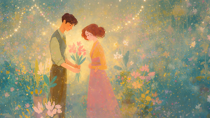 JPG 커플 여자 남자 꽃 행복 감정 컬러 꽃다발 일러스트 자연 대화 선물 사랑 미소 풍경 정원 기쁨 소통 뷰티풀 사랑이야기 순간 국내일러스트 AI일러스트 AI콘텐츠 식물 컨셉 관계 표정 말하기 이야기 사람 생태계 파일형식