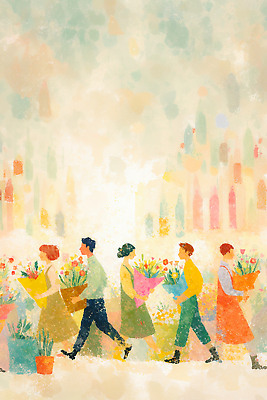 식물 계절 꽃 모션 태양 상점 파일형식 거리 사람 꽃다발 걷기 햇빛 사계절 풍경 생동감 봄 꽃집 컬러 장식 시장 마을 고객 국내일러스트 JPG 일러스트