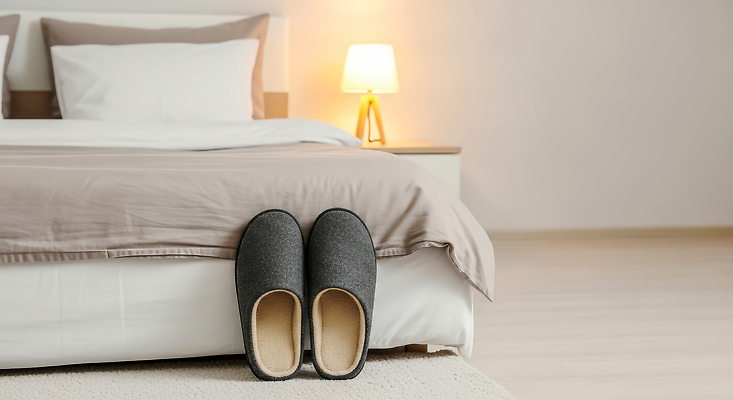 JPG 편집이미지 디자인 가구 휴식 조명 슬리퍼 바닥 주택 실내 생활 침실 방 침대 편안함 편집실사 AI포토 AI콘텐츠 생활용품 신발 컨셉 내부 건물 감각 CG 파일형식