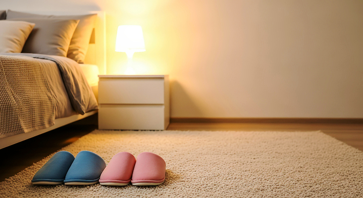 JPG 편집이미지 디자인 컬러 가구 조명 슬리퍼 바닥 실내 인테리어 침실 방 매트 침대 램프 편안함 편집실사 AI포토 AI콘텐츠 생활용품 신발 내부 감각 CG 파일형식