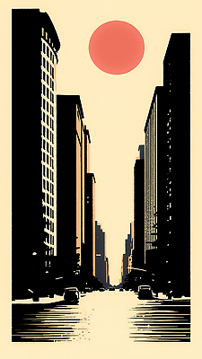 JPG 디자인 건축 도로 길 교통 일러스트 거리 그림자 거리풍경 풍경 여러명 건물 빛 태양 일몰 도시 저녁 스카이라인 국내일러스트 AI일러스트 AI콘텐츠 자연요소 건축물 다수 교통시설 사람 노을 야간 파일형식