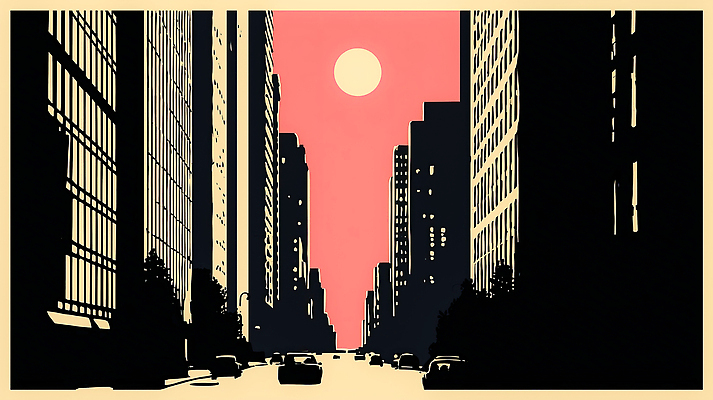 JPG 교통 일러스트 모션 하늘 거리 풍경 빌딩 여러명 빛 태양 일몰 원근감 도시 시간 구조물 도심 대로 국내일러스트 AI일러스트 AI콘텐츠 자연요소 건축 뷰포인트 다수 사람 건물 노을 파일형식