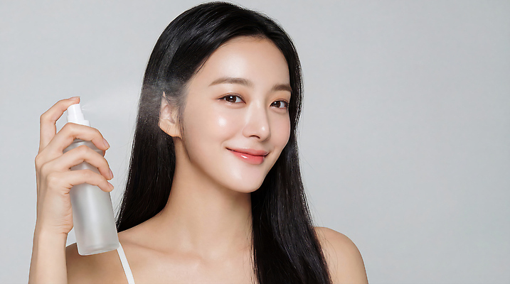 JPG 편집이미지 긴머리 여자 얼굴 미소 화장 뷰티 머리 촬영 화장품 상품 알림 피부 스프레이 일과 의료성형뷰티 편집실사 AI인물포토 AI콘텐츠 헤어스타일 표정 사람 신체부위 CG 파일형식 AI포토