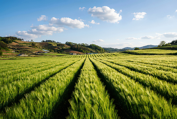 JPG 편집이미지 밭 자연 하늘 산 풍경 파란색 농작물 햇빛 농장 마을 봄 수확 보리 편집실사 AI포토 AI콘텐츠 계절 컬러 농업 곡류 태양 CG 생태계 파일형식