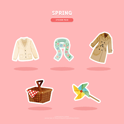 디자인 옷 계절 패션 분홍색 스티커 일러스트 그래픽 장식 바구니 스카프 봄 코트 스웨터 바람개비 오브젝트 그림 스타일 국내일러스트 AI파일 컬러 상의 목도리 외투 파일형식 벡터