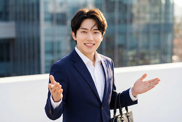 JPG 편집이미지 남자 가방 모션 미소 웃음 사람 정장 손짓 빌딩 도시 직장인 옥상 모던 신입사원 상업 전문 의료성형뷰티 편집실사 AI인물포토 AI콘텐츠 직업 잡화 옷 비즈니스 표정 건물 CG 파일형식 AI포토