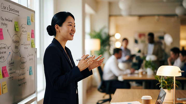 JPG 편집이미지 컨셉 회의 협력 아이디어 직장 실험 대화 사무실 정보 비즈니스우먼 발표 화이트보드 전략 소통 의료성형뷰티 편집실사 AI인물포토 AI콘텐츠 여자 회사 비즈니스 말하기 직장인 CG 파일형식 AI포토
