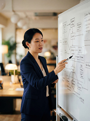 JPG 편집이미지 여자 회의 아이디어 직장 설명 사무실 자료 업무 작업 직장인 비즈니스우먼 계획 집중 프레젠테이션 동료 화이트보드 의료성형뷰티 편집실사 AI인물포토 AI콘텐츠 직업 컨셉 회사 비즈니스 관계 모션 사람 CG 파일형식 AI포토