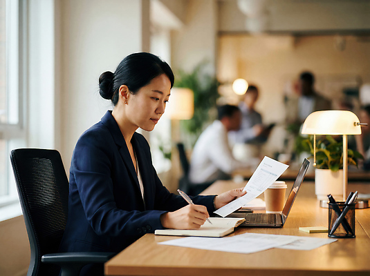 JPG 편집이미지 여자 커피 탁자 노트북 사무실 펜 환경 업무 작업 비즈니스우먼 집중 책상 동료 직원 문서 의료성형뷰티 편집실사 AI인물포토 AI콘텐츠 음료 가구 컨셉 비즈니스 관계 사람 전자제품 필기구 직장인 CG 파일형식 AI포토