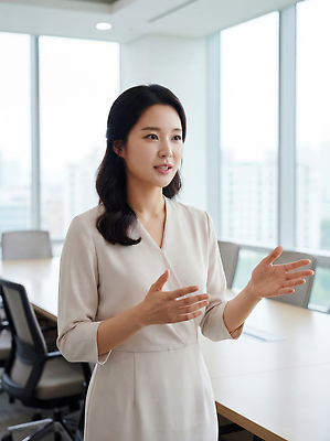 JPG 편집이미지 여자 교육 비즈니스 회의 직장 관리 대화 설명 일상 사무실 업무 비즈니스우먼 발표 직원 소통 전문 의료성형뷰티 편집실사 AI인물포토 AI콘텐츠 컨셉 회사 모션 말하기 사람 라이프 작업 직장인 CG 파일형식 AI포토