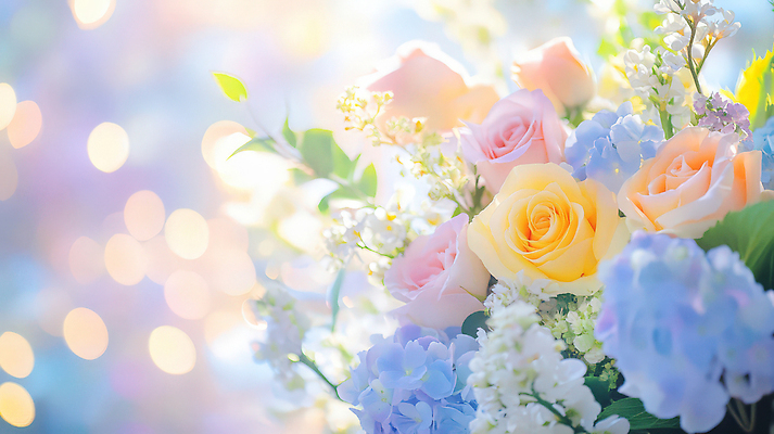 JPG 식물 편집이미지 꽃 부케 자연 탁자 결혼식 장식 장미 봄 수국 조화 리시안셔스 밝은색 생화 아기자기 편집실사 AI컴퓨터그래픽 AI콘텐츠 계절 꽃다발 가구 결혼 컨셉 CG 생태계 파일형식