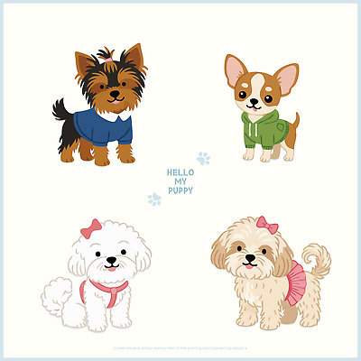 캐릭터 옷 행복 상징 컬러 일러스트 표정 종류 반려동물 장난감 귀여움 다양 모임 인사 유머 강아지 작음 착용 국내일러스트 AI파일 동물 감정 다수 컨셉 예절 개 크기 파일형식 벡터