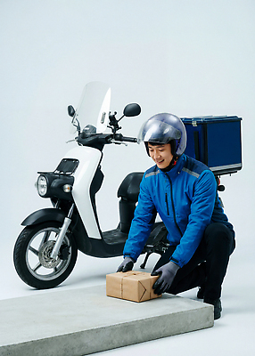 JPG 편집이미지 남자 장갑 이동 포장 한손 상자 스쿠터 도시 작업 배달원 배송 서비스 택배 무릎 의료성형뷰티 편집실사 AI인물포토 AI콘텐츠 직업 손 잡화 컨셉 사람 신체부위 오토바이 운송업 CG 파일형식 AI포토