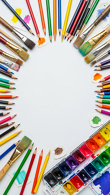 JPG 편집이미지 예술 컬러 탁자 색연필 프레임 회화 물감 도구 붓 배열 오브젝트 그림 작품 예술가 화가 창작 카피스페이스 편집실사 AI포토 AI콘텐츠 직업 가구 학용품 말하기 미술 공백 미술도구 CG 파일형식