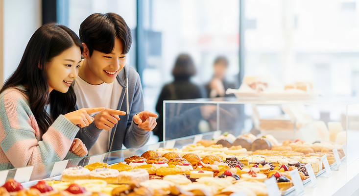 JPG 편집이미지 커플 디저트 대화 두명 케이크 빵집 가리킴 선택 달콤 즐거움 진열장 사라 의료성형뷰티 맛있는 편집실사 AI인물포토 AI콘텐츠 감정 음식 컨셉 관계 말하기 사람 손짓 상점 맛 CG 파일형식 AI포토