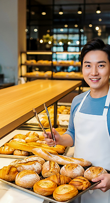 JPG 편집이미지 남자 음식 빵 디저트 집게 요리 제과 케이크 상점 주방 전시 빵집 고객 제빵 의료성형뷰티 편집실사 AI인물포토 AI콘텐츠 사람 제과제빵 CG 파일형식 AI포토