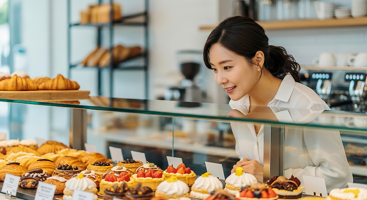 JPG 편집이미지 여자 음료 빵 포즈 과일 디저트 케이크 초콜릿 카페 빵집 선택 맛 구경 진열장 페스츄리 의료성형뷰티 편집실사 AI인물포토 AI콘텐츠 음식 컨셉 사람 상점 CG 파일형식 AI포토