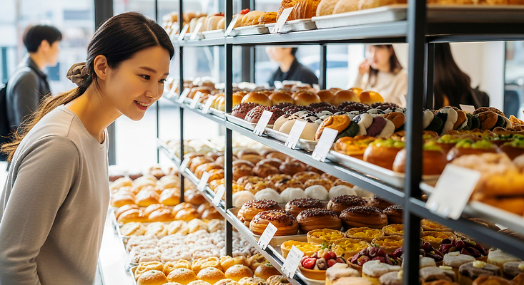JPG 편집이미지 여자 행복 음식 빵 아침 디저트 빵집 분위기 맛 고객 구경 진열장 주문 의료성형뷰티 간편조리식품 편집실사 AI인물포토 AI콘텐츠 주간 감정 컨셉 사람 상점 CG 파일형식 AI포토