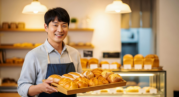 JPG 편집이미지 남자 음식 빵 쟁반 미소 사람 일상 상점 빵집 상품 고객 서비스 제빵사 의료성형뷰티 편집실사 AI인물포토 AI콘텐츠 직업 표정 라이프 CG 파일형식 AI포토