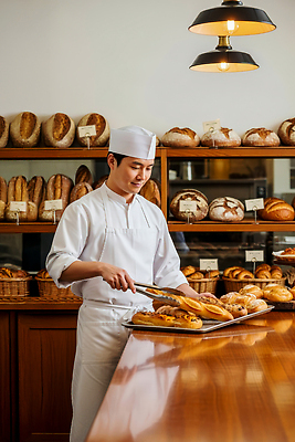 JPG 편집이미지 빵 재료 탁자 조명 주방 빵집 작업 고객 진열장 제빵 제빵사 의료성형뷰티 편집실사 AI인물포토 AI콘텐츠 직업 음식 가구 제과제빵 상점 CG 파일형식 AI포토
