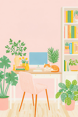 JPG 식물 디자인 의자 일러스트 휴식 책장 주택 내부 인테리어 컴퓨터 사무실 고양이 공간 작업 사무 편안함 책상 원예 재택근무 온라인강의 국내일러스트 AI일러스트 AI콘텐츠 가구 컨셉 비즈니스 포유류 취미 건물 전자제품 반려동물 업무 감각 강의 파일형식 언택트