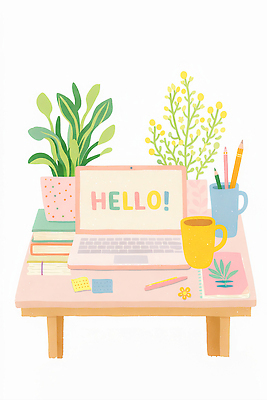 JPG 식물 디자인 커피 컬러 일러스트 탁자 학용품 노트북 학습 컴퓨터 사무실 사무용품 칠판 공간 작업 인사말 책상 정리 온라인강의 체크리스트 국내일러스트 AI일러스트 AI콘텐츠 교육 음료 가구 비즈니스 문구용품 전자제품 강의 파일형식 언택트