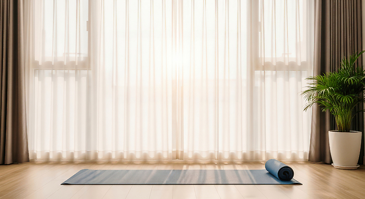 JPG 식물 편집이미지 거실 요가 아침 바닥 실내 건강 운동 햇빛 스트레칭 공간 매트 커튼 편안함 창가 편집실사 AI포토 AI콘텐츠 주간 웰빙 창문 내부 빛 감각 CG 파일형식