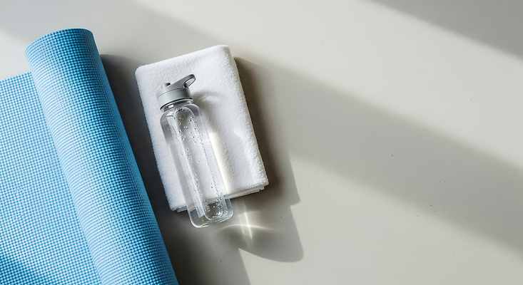 JPG 편집이미지 요가 휴식 실내 건강 물 수건 운동 운동기구 헬스 스트레칭 매트 물병 준비 편집실사 AI포토 AI콘텐츠 자연요소 웰빙 컨셉 내부 위생용품 물통 CG 파일형식