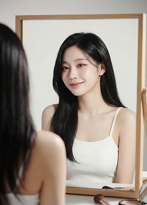 JPG 편집이미지 상의 탁자 미소 사람 일상 화장 반사 머리카락 거울 오브젝트 준비 점검 의료성형뷰티 편집실사 AI인물포토 AI콘텐츠 옷 가구 표정 라이프 뷰티 머리 CG 파일형식 AI포토
