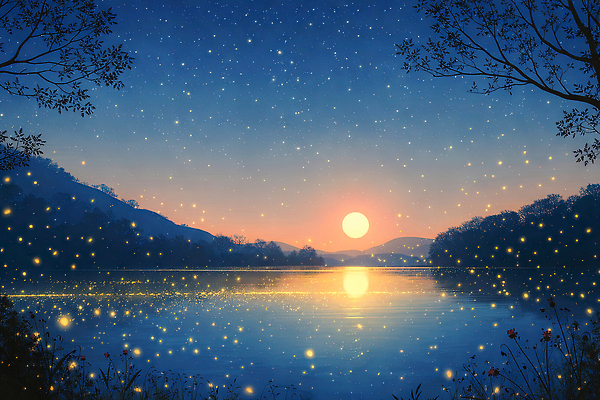 JPG 나무 별 물결 일러스트 자연 하늘 조명 산 풍경 물 여름 빛 반짝임 강 태양 평화 봄 저녁 지평선 뷰티풀 국내일러스트 AI일러스트 AI콘텐츠 자연요소 식물 계절 컨셉 모션 야간 생태계 파일형식