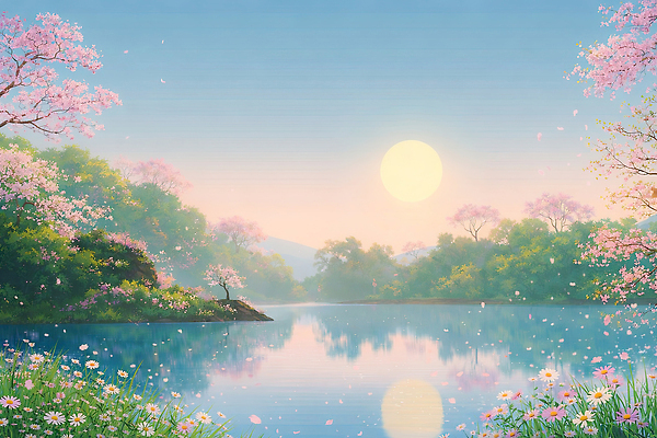 JPG 나무 꽃잎 꽃 하늘색 일러스트 자연 하늘 아침 꽃나무 풍경 일상 물 평화 일출 봄 강가 조화 뷰티풀 국내일러스트 AI일러스트 AI콘텐츠 주간 자연요소 식물 계절 컨셉 라이프 파란색 강 노을 생태계 파일형식