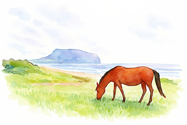 JPG 동물 바다 섬 여행 일러스트 자연 하늘 풍경 잔디 초원 해변 제주도 식사 목초지 말_게임 육지 일과 제주도여행 국내일러스트 AI일러스트 AI콘텐츠 식물 한국 목장 생태계 파일형식 초원_자연